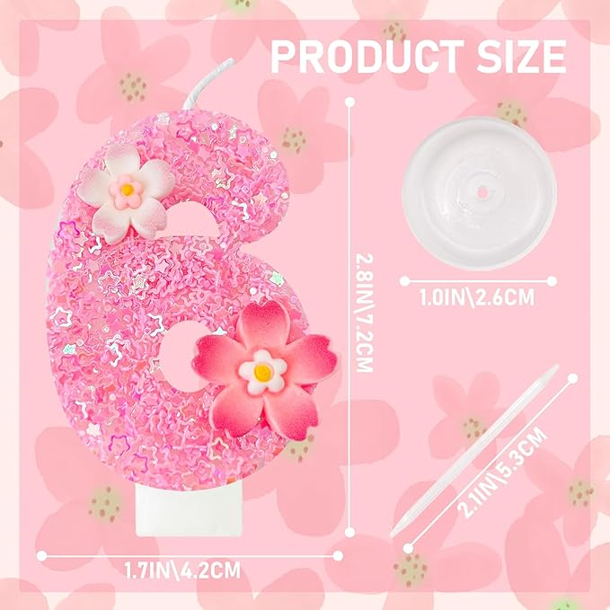 Pink Flower Birthday Candle,Number Birthday Candles for Cake, Ideal Birthday Parties Cake Decor, Wedding Anniversary and Other Celebrations (Number 6, Pink)