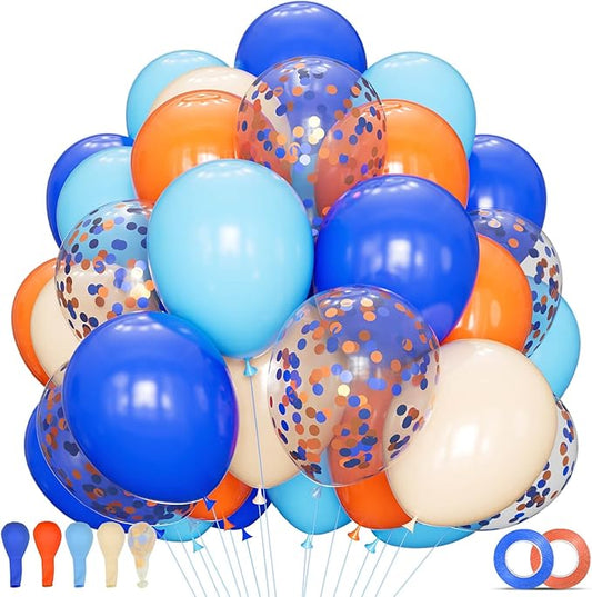 68Pcs Blue and Orange Balloons 12 Inch Nude Color Deep Light Blue Balloon for Birthday Party Decorations Confetti Blue and Orange Graduation Decorations.