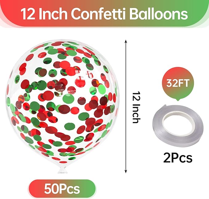 50pcs Red and Green Foil Confetti Balloons,12 inch Latex Balloon with Red Black Confetti Inside for Birthday Family Party Wedding Party Baby Shower Decoration Supplies