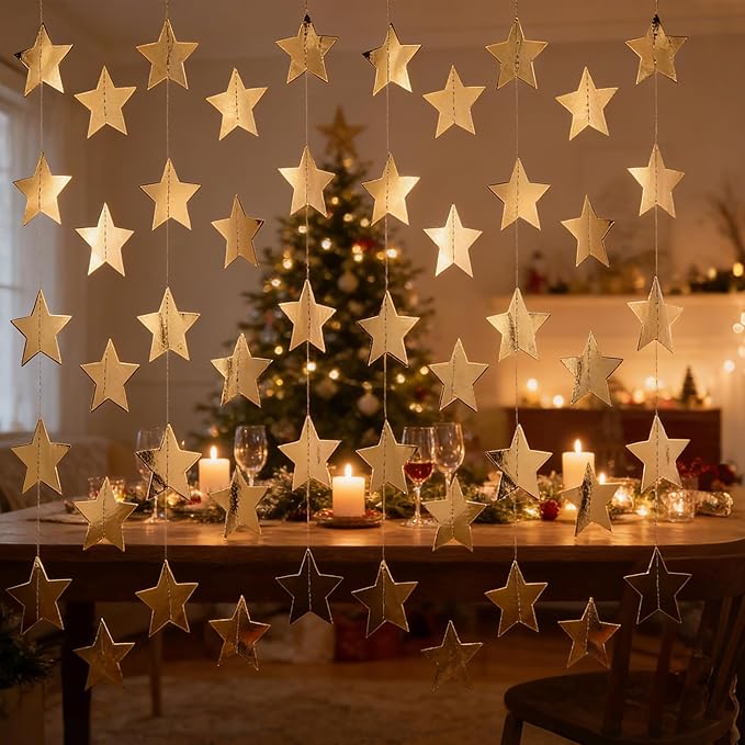 Metallic Champagne Gold Iridescent-Star-Garland 90FT – 240 Pcs Sparkling Star Streamers – Hanging Glitter Star Banner Backdrop for Birthday, Baby Shower, Wedding, Christmas Party Decorations (6 Packs)