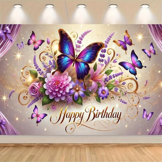 Happy Birthday Banner Colorful Butterfly and Floral Design Elegant Garden Style Wall Hanging for Birthday Party Celebration Home Decoration 70.87 x 43.31 Inch
