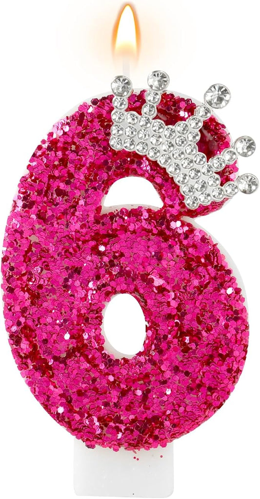 AKURIEEY Hot Pink Birthday Candles Crown Number 6 Candle Birthday Party Decorations Cake Topper Cupcake Decor for Anniversary Celebrations Supplies