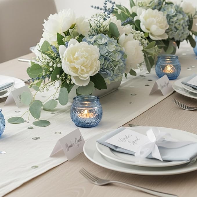 24 Pcs Blue Votive Candle Holders for Bridal Shower Decorations- Floral Style Dusty Blue Candle Holder for Wedding Table Centerpieces, Baby Shower Decor
