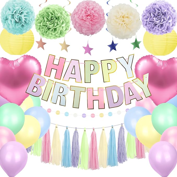 Pastel Rainbow Party Decorations - 50Pcs Pastel Birthday Decorations with Happy Birthday Banner, Balloons & Paper Pom Poms, Macaron Theme Party Supplies for Girls & Boys, Kids, Women