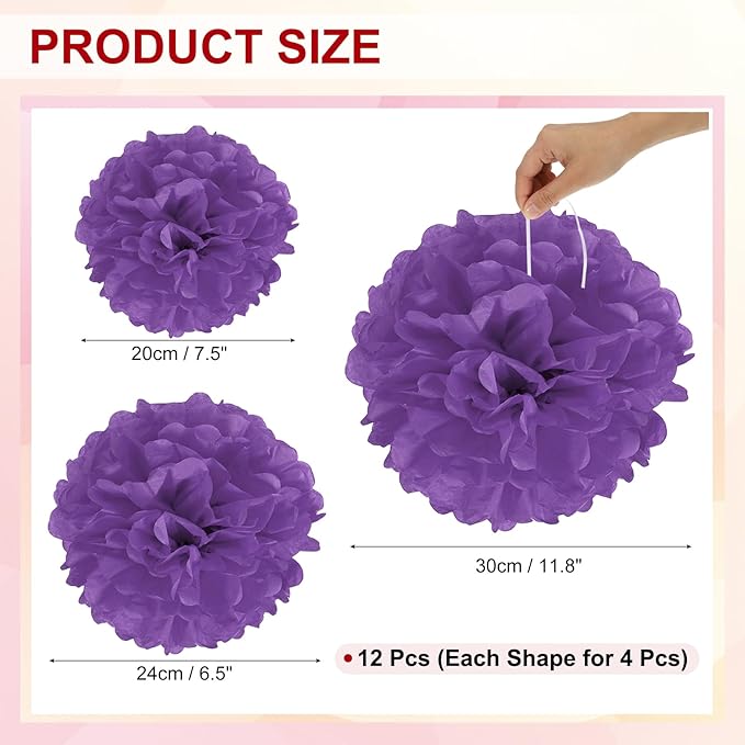 PATIKIL 8" 10" 12" Tissue Paper Pom Poms, 12PCS Pom Poms Paper Flowers Ball Tissue Paper Flowers for Wedding Bridal Shower Birthday Bachelorette Party Backdrop Decoration, Dark Purple