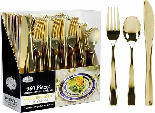 960 Piece Gold Plastic Silverware, Extra Heavyweight Disposable Cutlery Set, Full Size Gold Flatware Combo, 480 Forks 240 Spoons 240 Knives, Bulk Party & Wedding Utensils