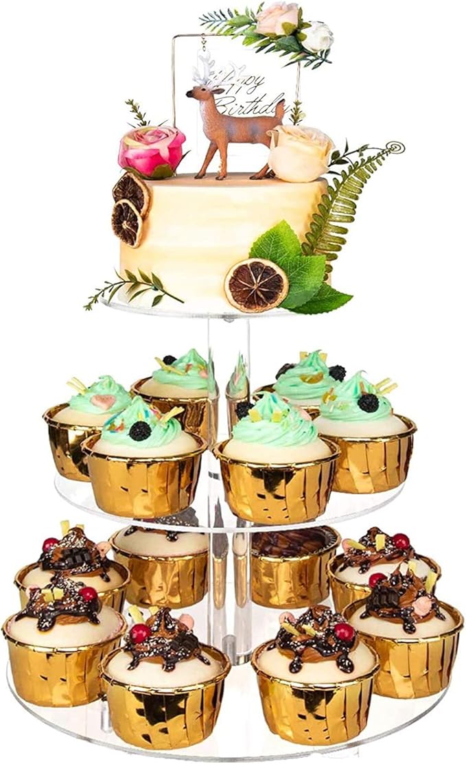YestBuy 3 Tier Round Cupcake Stand, Acrylic Cake stand, Cupcake Tower Stand, Premium Cupcake Holder For 23 Cupcakes, Display for Pastry Wedding Birthday Party (4.7" between 2 layers)