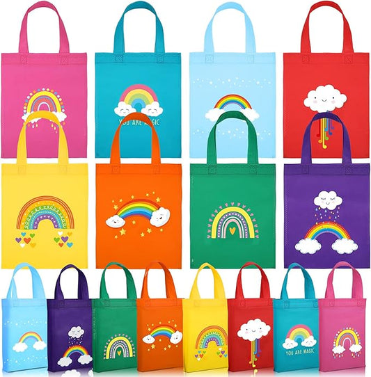 Ferraycle 24 Pcs Rainbow Party Reusable Non Woven Gift Bags Rainbow Goody Treat Bags Mini Tote Bag with Handles Birthday Supplies for Kids Party Favors, 9.8 x 7.8 Inch