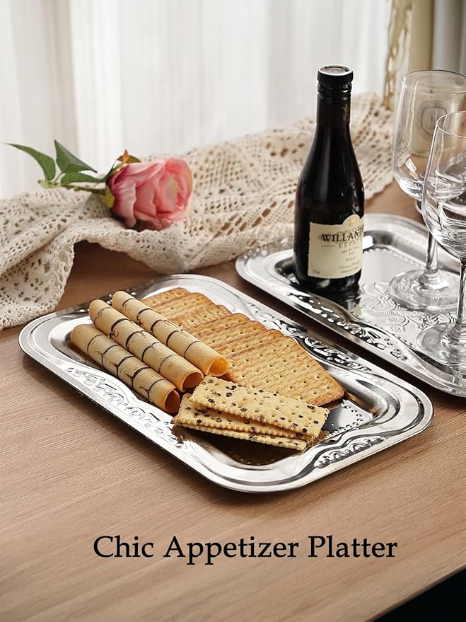4-Pack Small Silver Serving Trays Set - ZENOVLUX Lightweight Bow Floral Engraved Mirror Decorative Tray, 11.4" x 7" Wedding Party Platters for BBQ, Food, Appetizer, Charcuterie, Cookies, Desserts