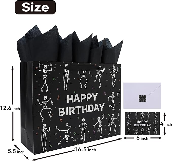 wishinside 16.5'' Extra Large Black Birthday Gift Bag Set with Handles, Greeting Card, Tissue Papers and Stickers for Men Boys Kids Teens for Birthday Party, 1 Pcs
