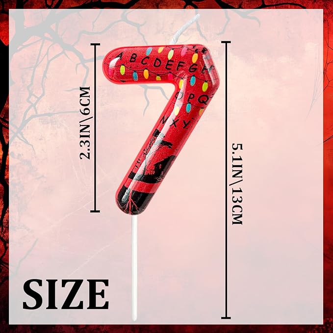 Red Number 7 Birthday Candle for Cake – Dark Horror Style with Alphabet Print & Shadow Design – Unique Cake Topper for Birthday, Anniversary, Themed Party Decoration