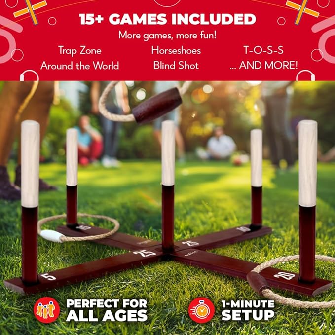 Swooc Games - Rustic Ring Toss Game (All Weather) - Easy Setup & Extra Games Included - Ring Toss Game for Adults - Outdoor Activities for Adults - Yard Toys for Kids - Backyard Fun - Outdoor Party