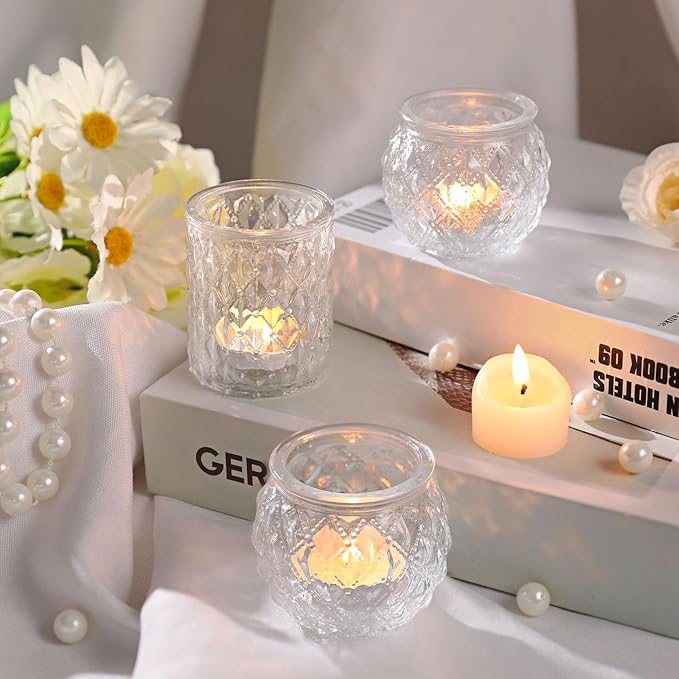 DARJEN Clear Votive Candle Holders Set of 36- Round Glass Candle Holders Bulk for Tea Light Candle, Embossed Candle Votives for Wedding Centerpiece, Various Parties & Home Decor (Pack of 4)