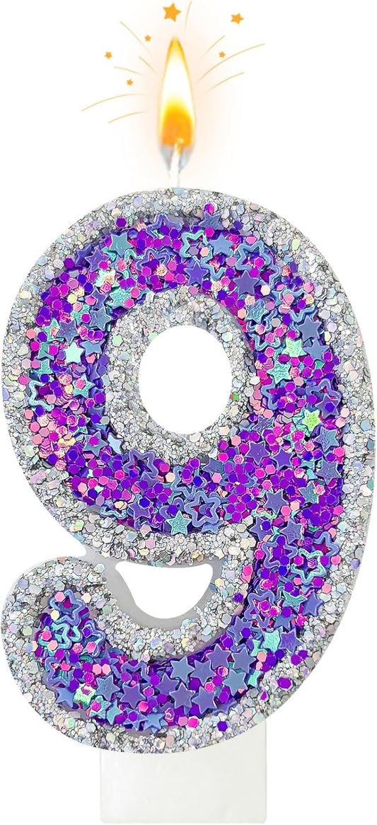 K-pop Number 9 Birthday Candle, Star Glitter Filled Number Candle, Purple Silver Fantasy Cake Topper for Birthday Party Decoration