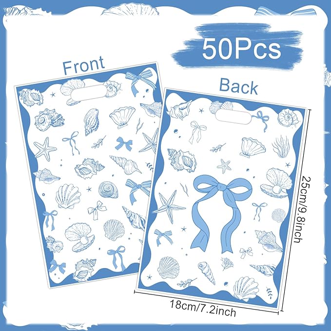 Falueqg Seashell Birthday Party Favors - 50 Pcs Ocean Seashell Beach Goodie Candy Gift Bags Ocean Shell Blue Bow Party Supplies for Summer Wedding Birthday Baby Shower Decorations