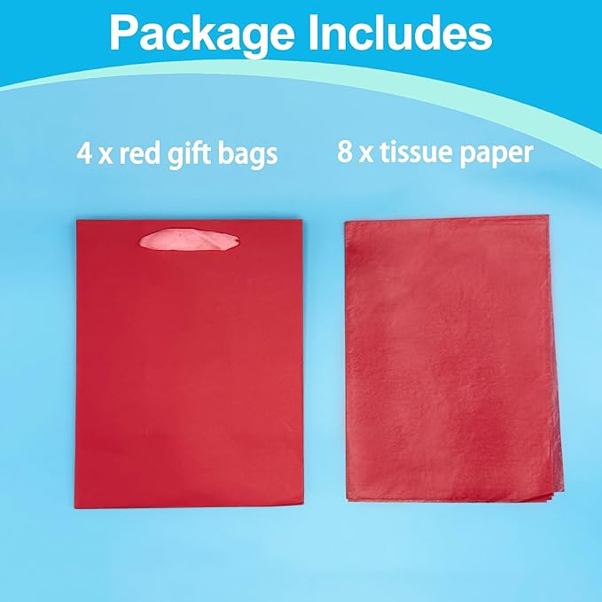 MOXARYSU 4 Pcs Medium Red Gift Bags: 8x5x10 Inches Gift bags With Handles Party Favor Bags With 8 Tissue Paper For Party,Birthday,Baby Shower,Wedding（Red）