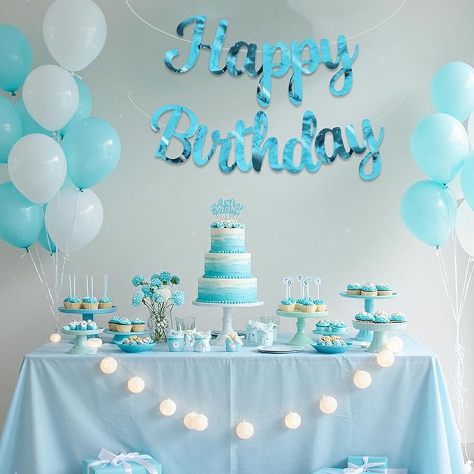 BEISHIDA Happy Birthday Banner - NO DIY,Double-Sided Lake Blue 10Feet Pre-Strung-Glitter Birthday Sign Garland Backdrop Decorations for Women men Party