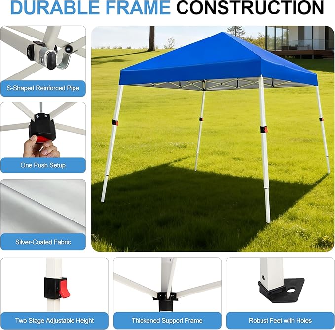 WEIZE 10x10 Slant Legs Pop Up Canopy Tent, 1-Button Push Setup Canopy Tent, Adjustable Height Instant Portable Shelter, Protable Backpack, Easy Outdoor Sun Shade for Events, 8x8 Top, Blue
