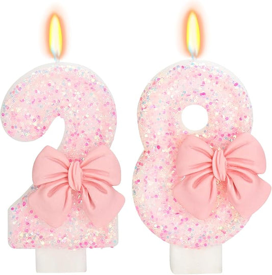 28th Birthday Candles for Cake, Pink Bow Number Cake Candles, 2.76 inch Number Happy Birthday Candle, Cake Topper Decoration for Birthday Party (Number 28)