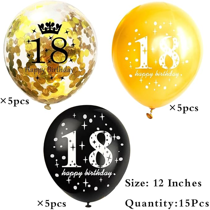 SHUNTAI 18th Birthday Balloons Gold and Black 18th Birthday Decorations,Latex Gold Confetti Balloon for Boys Girls 18 Year Old Anniversary Theme Party Supplies 15 Pieces 12 Inch