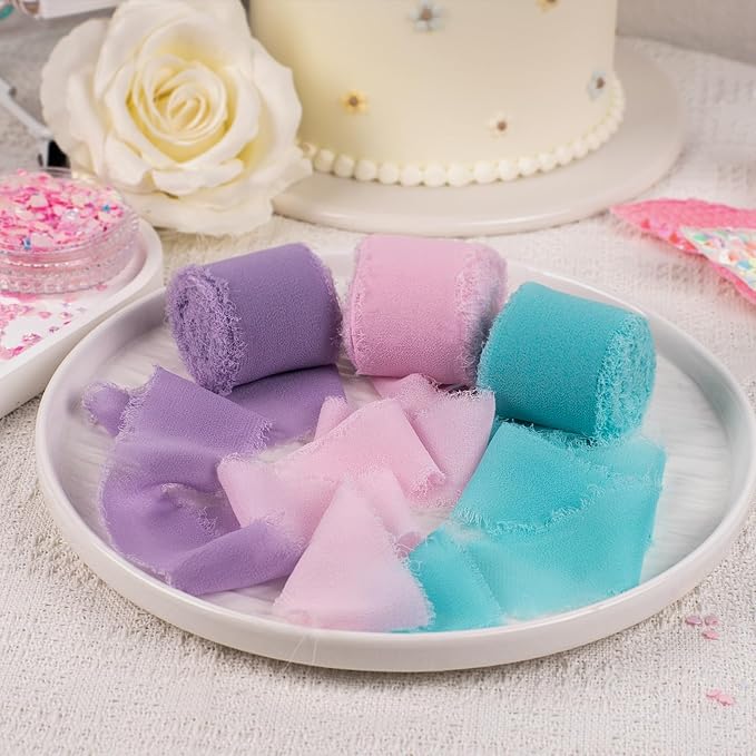 Chiffon Ribbon, Pink Purple Teal Silk Mermaid Ribbon, Mermaid Party Decoration, 1-1/2''x21Yd Handmade Frayed Fringe Ribbon for Gift Wrapping, Floral Vase, Craft, Birthday Party, 3 Rolls
