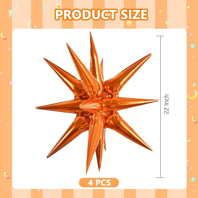 TONIFUL 4 Pcs 22inch 4D Orange Explosion Star Mylar Balloons 14Point Star Balloons for Party Backdrop Christmas,New Year Birthday,Halloween, Wedding Baby Shower Anniversary Photo Booth Supplies