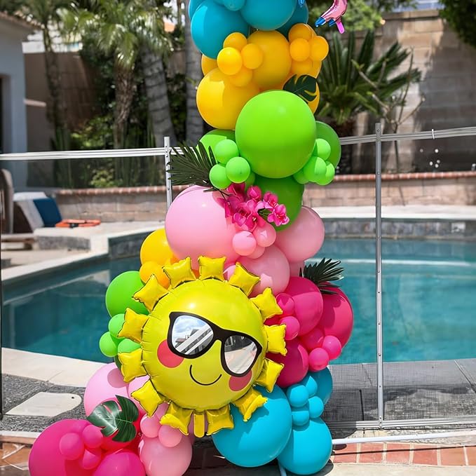 Tropical Balloons, Hawaiian Party Balloons, Hot Pink Orange Teal Green and Yellow Latex Balloon for Summer Birthday Baby Shower Tropical Party Decorations