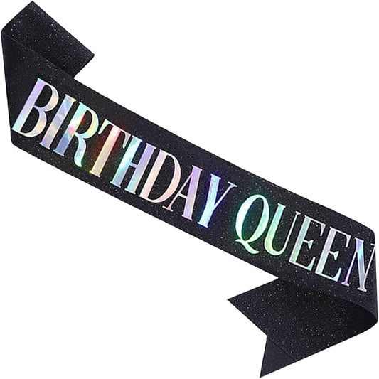 MGJSRNH 'Birthday Queen' Sash for Women,Black Glitter Satin Multicolour Foil Sash,Happy Birthday Princess Party Decorations 16, 18,21,30,40,50 or Any Other Bday Party