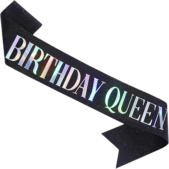 MGJSRNH 'Birthday Queen' Sash for Women,Black Glitter Satin Multicolour Foil Sash,Happy Birthday Princess Party Decorations 16, 18,21,30,40,50 or Any Other Bday Party