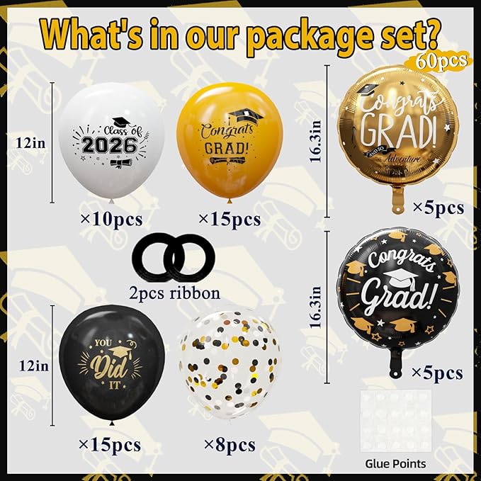 GuassLee Graduation Black and Gold Balloons 2026 - Grad Latex Confetti Balloons with Congrats Grad Foil Balloons for Graduation Party Decorations Supplies, 60Pcs