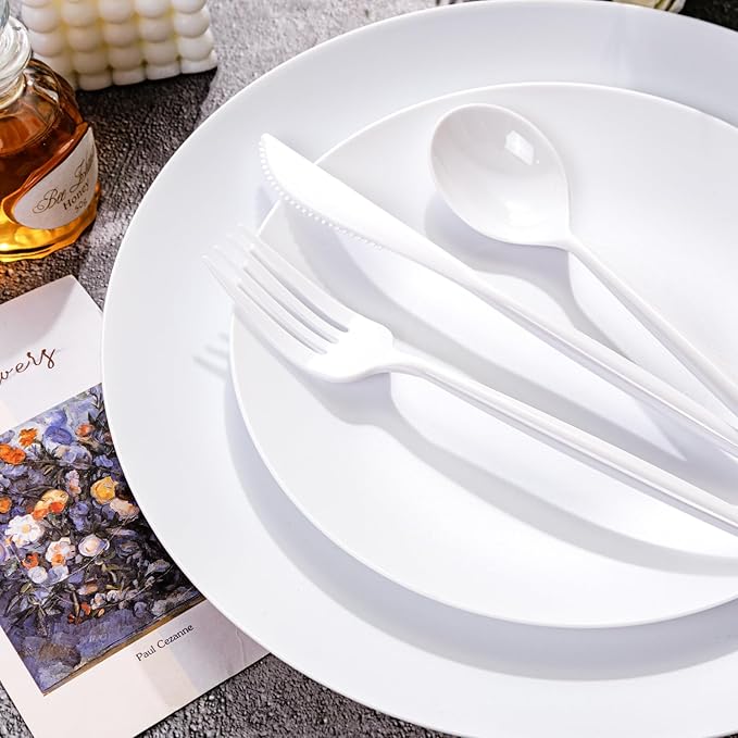 EI 150pcs White Plastic Plates Disposable,White Plate for Party,Disposable Frosted Plate with White Plastic Silverware,Heavy Duty Dinnerware set serves for 30,Perfect for Birthday Wedding Tea Party.