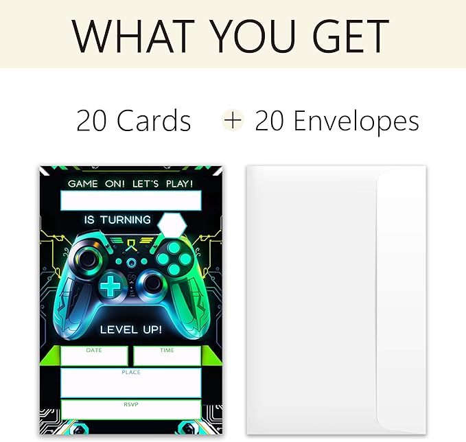 Gaming Themed Birthday Invitations – 20 Invitation Cards 4"x6" with Envelopes.(006)