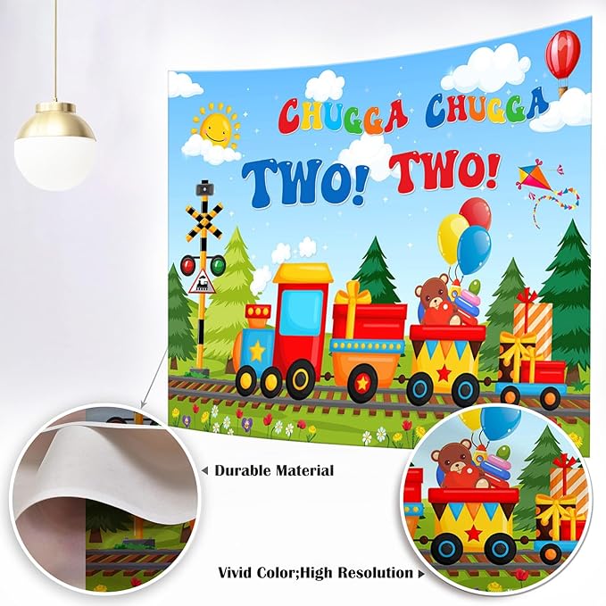 Mocscika Chugga Chugga Two Two Backdrop Red Train Theme 2nd Birthday Party Decorations Happy Second Birthday Cake Table Banner for Photography (Colorful, 10x7ft(120''x82''))