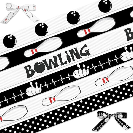 6 Rolls 3/8'' Bowling Ribbon Sports Competition Ribbons for Wreath Bows DIY Crafts White Black Grosgrain Ribbons for Wrapping Sports Team Birthday Party Home Decoration 18 Yards