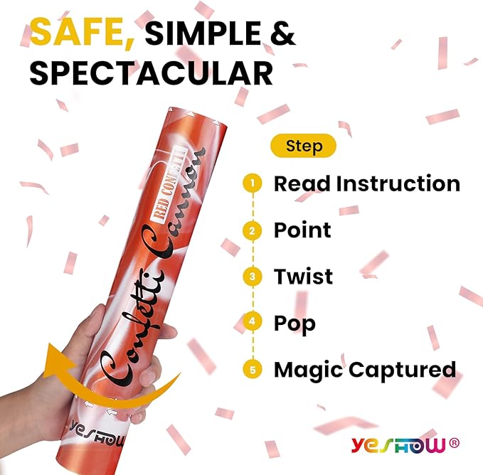 Confetti Cannon Party Poppers Shooters Red,YESHOW Confetti Bomb Blaster(6 pack) for Birthday Christmas New Year’s Eve Wedding Graduation
