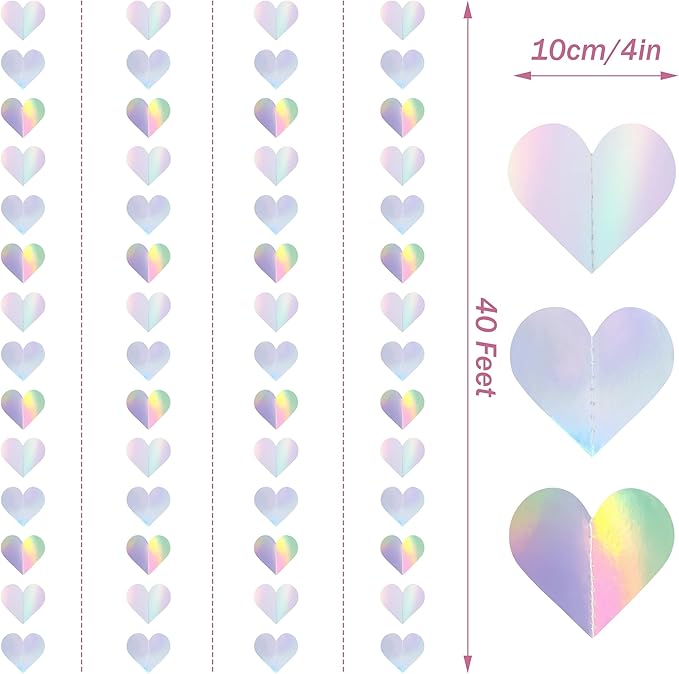 40Ft Iridescent Holographic Heart Valentines Day Garland Disco Hanging Streamer Decor for Galentines Valentines Day, Wedding, Bridal Bachelorette Baby Shower Birthday Party