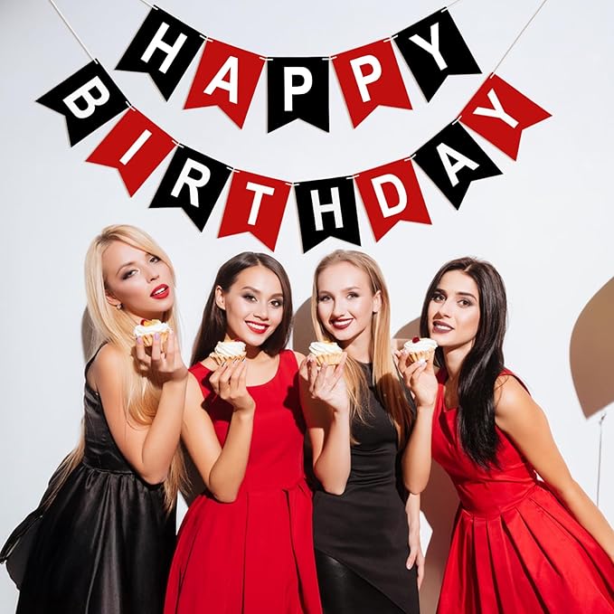 Happy Birthday Banner Birthday Party Banner NO DIY Happy Birthday Sign Pre-Strung Birthday Hanging Decoration for Women Men Girl Boy Party Supplies (Red and Black)