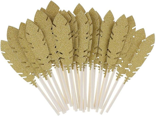 30pcs Feather Cake Toppers Cupcake Food Picks for Wedding Birthday Party Decoration - Golden
