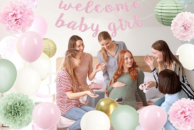 Baby Girl Decorations for Shower in Sage Pink Balloons with Welcome Banner and Paper lantern Tissue Pom Poms Kit (Pastel Sage green + Pink)