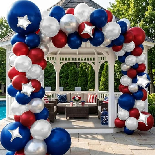 Red White Blue Balloon Arch Double Stuffed Burgundy Navy Blue Silver Pearl Balloons with 4 and 5 Corner Star Foil Balloon Garland for Graduation 4th Of July Patriot Independence Day Birthday Decor