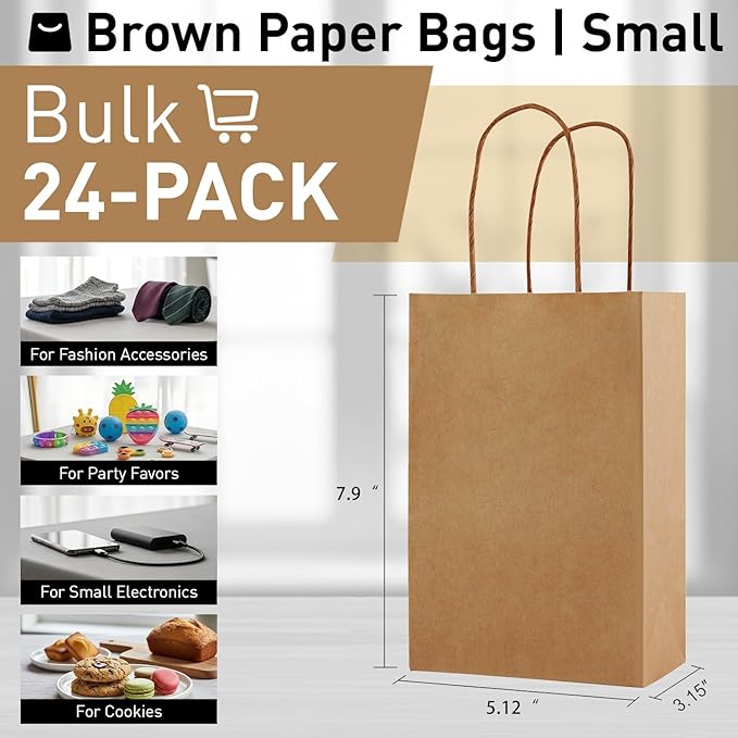 SUNCOLOR 24-Pack Brown Kraft Paper Gift Bags with Handles, 7.9x5.12x3.15 Inches, Small Paper Bags Includes Tissue Paper for Parties, Weddings, Shopping