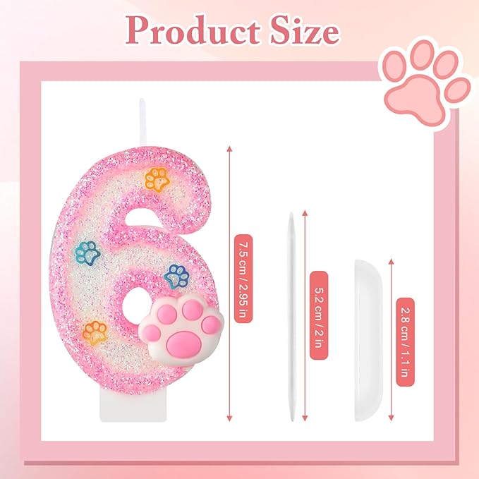 AKURIEEY Dog and Cat 6th Birthday Candle Pink Numbers 6 Candle Paw Cake Topper Cupcake Decorations for Pet Theme Party Decor Anniversary Celebrations Supplies