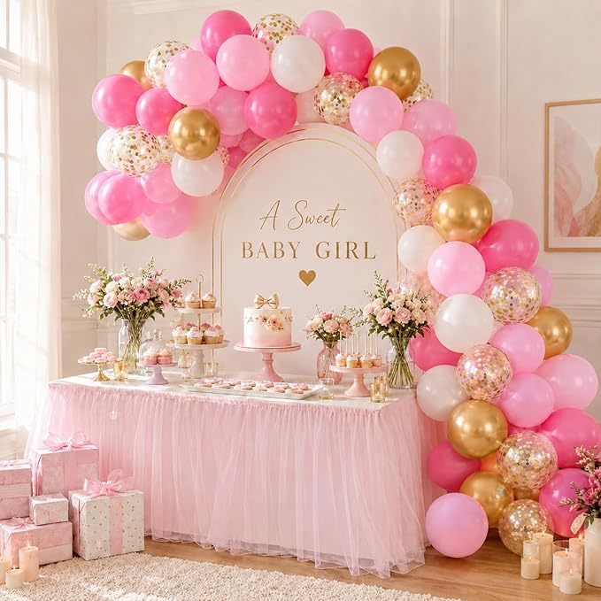 Pink and Gold Balloons 60PCS Pink White and Gold Balloon Set, 12 Inch Metallic Golden Confetti Latex Balloons for Women Girls Birthday Baby Shower Bridal Shower Wedding Princess Party Decor