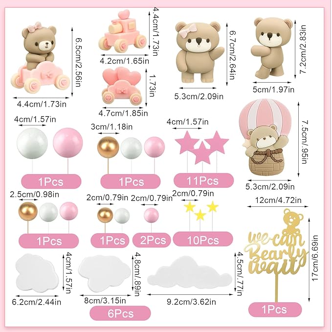 Yinder Bear Cake Toppers Mini Bear Cake Decorations Cake Toppers Gold White Pearl Ball for Birthday Party Decorations(Pink, Brown,Vivid Style)