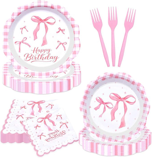 96 Pieces Pink Happy Birthday Tableware Set Party Supplies ??Scalloped Bow and Gingham Themed Disposable Dinnerware with Paper Plates, Napkins, and Forks for Girls Birthday Celebrations ??Serves 24