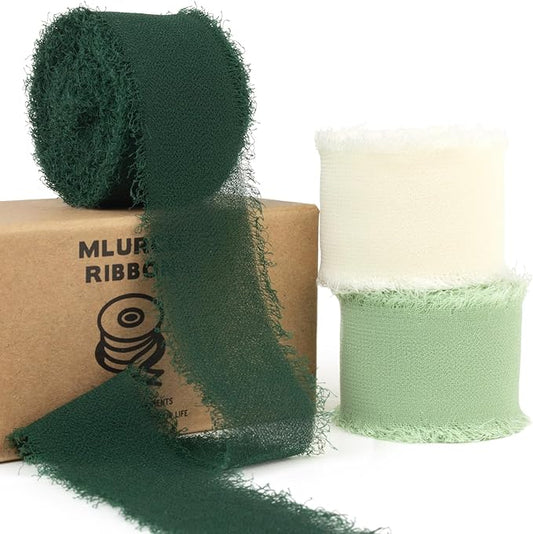Green Chiffon Ribbon 1 Inch x 21Yds Handmade Fringe Chiffon Silk Ribbon Green & Cream Frayed Chiffon Ribbon for Wedding Invitation Flower Bouquets Gift Wrapping Bridal Shower Baby Shower