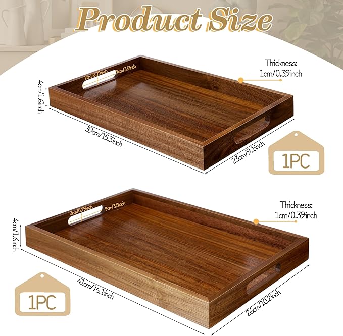 2 Pack Solid Acacia Wood Serving Trays with Handles, Rectangular Wooden Serving Platters, Decorative Servings Trays Set, Portable Ottoman Tray–Great for Lap &Couch, 16"+15"