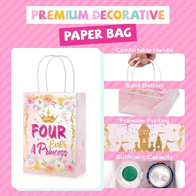Grencian 16Pcs Princess Birthday Party Bags Four Ever a Princess Candy Treat Gift Bags Princess 4th Party Favor Decorations for Girls Princess Themed Birthday Supplies