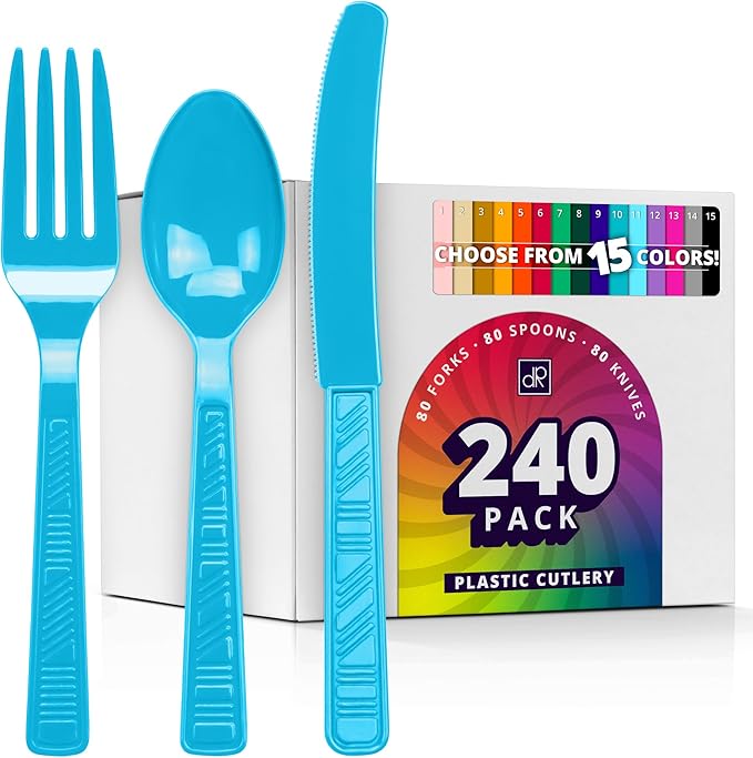 DecorRack Plastic Cutlery Set, Turquoise Colored Plastic Silverware Sets for Parties, 240 Piece Bulk Heavy Duty Utensils (Turquoise, 240 Pieces)