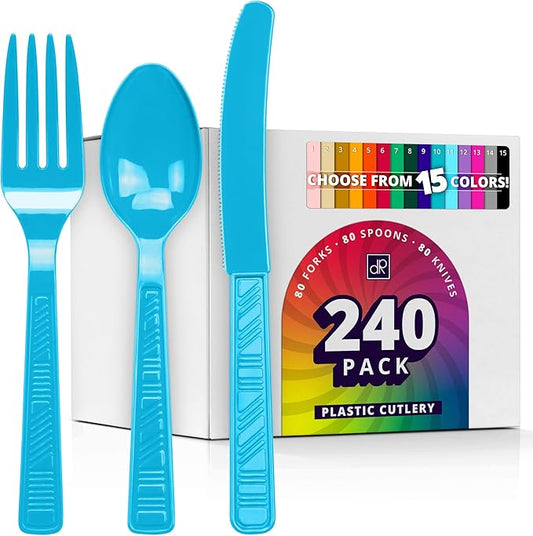 DecorRack Plastic Cutlery Set, Turquoise Colored Plastic Silverware Sets for Parties, 240 Piece Bulk Heavy Duty Utensils (Turquoise, 240 Pieces)